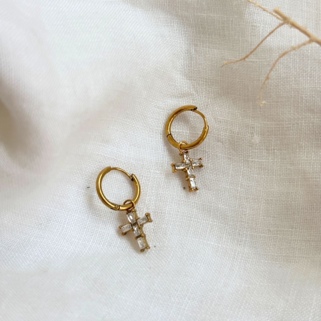 18k Gold Crystal Cross Huggies