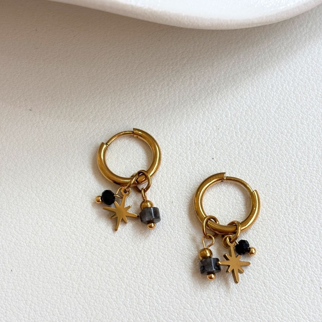 18k Gold Mini Charm Hoops – Black Star